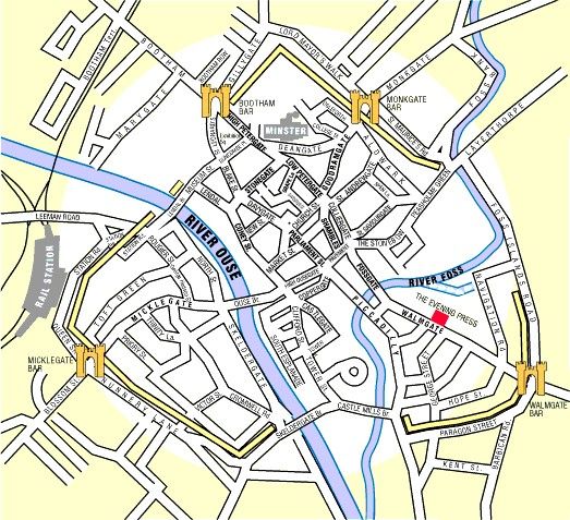 Map of York City centre, showing the entrance gates (bars) and the city walls